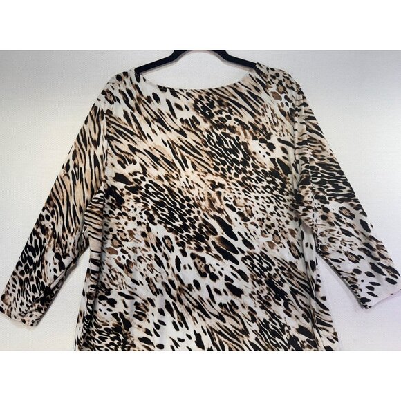 Chicos Leopard Print Asymmetrical Hem Tunic Top Size 3 Black Tan Cream Stretch - Picture 10 of 10